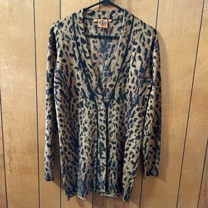 Tory Burch Leopard Print Cardigan Sweatshirt Sweater Coat Jacket Long Sleeve S